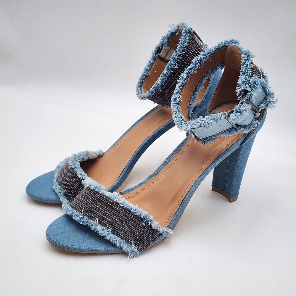 Catherine Malandrino Blue Denim‎ Strappy Ankle Sandals Glitter heels Women's 9